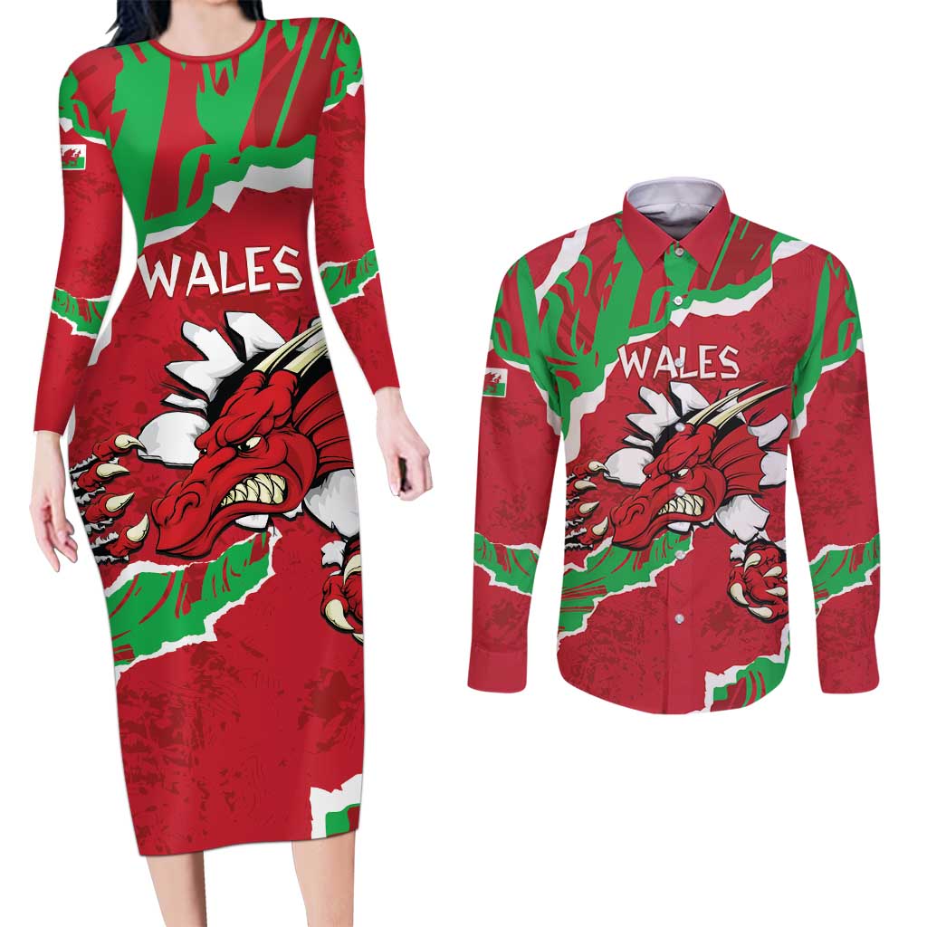 Personalised Wales Couples Matching Long Sleeve Bodycon Dress and Long Sleeve Button Shirt Welsh Dragon - Wonder Print Shop