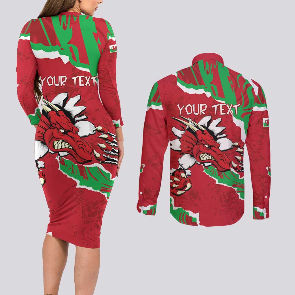 Personalised Wales Couples Matching Long Sleeve Bodycon Dress and Long Sleeve Button Shirt Welsh Dragon - Wonder Print Shop