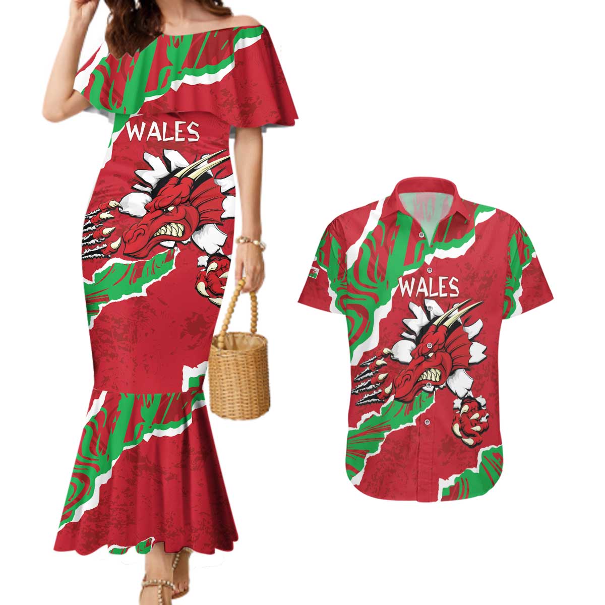 Personalised Wales Couples Matching Mermaid Dress and Hawaiian Shirt Welsh Dragon - Wonder Print Shop