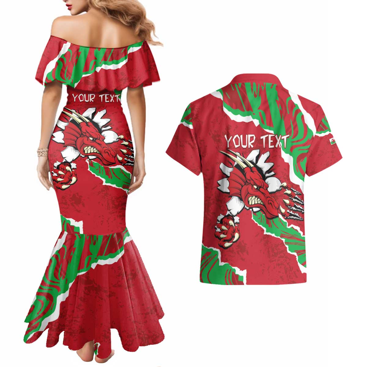 Personalised Wales Couples Matching Mermaid Dress and Hawaiian Shirt Welsh Dragon - Wonder Print Shop