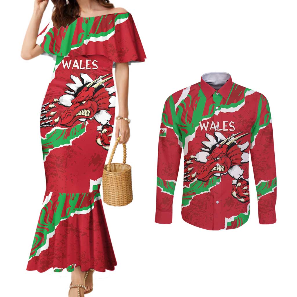 Personalised Wales Couples Matching Mermaid Dress and Long Sleeve Button Shirt Welsh Dragon