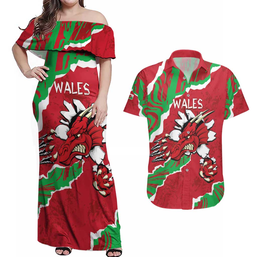 Personalised Wales Couples Matching Off Shoulder Maxi Dress and Hawaiian Shirt Welsh Dragon - Wonder Print Shop