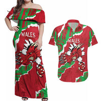 Personalised Wales Couples Matching Off Shoulder Maxi Dress and Hawaiian Shirt Welsh Dragon - Wonder Print Shop