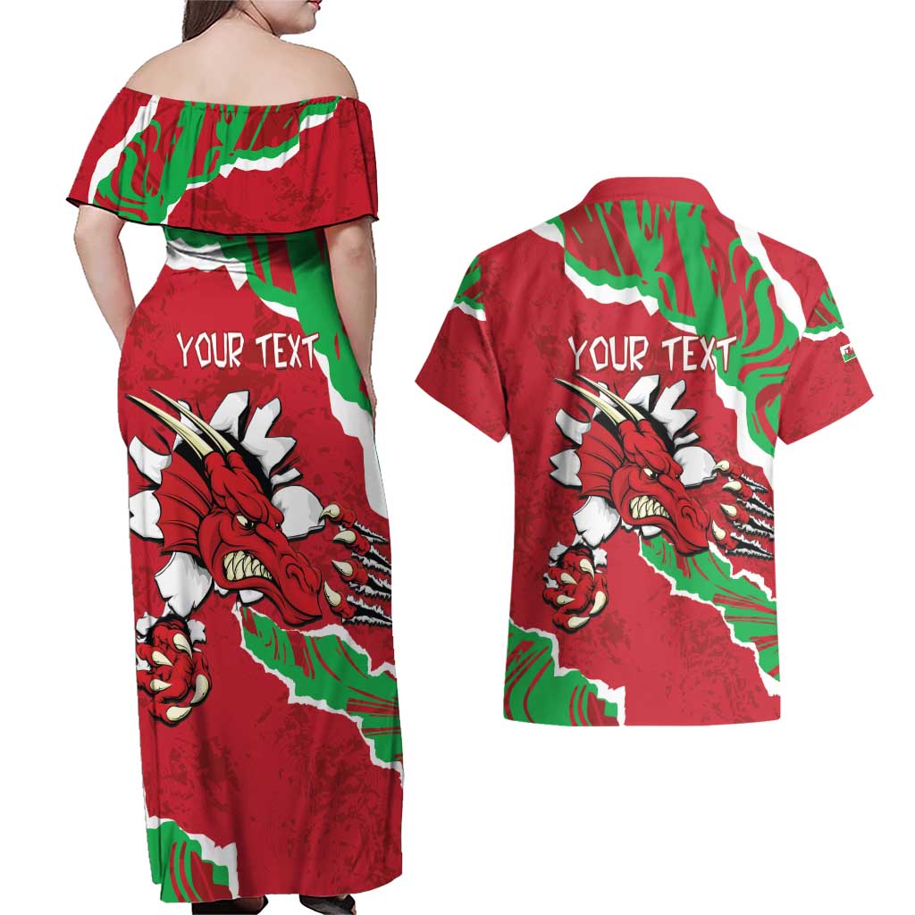 Personalised Wales Couples Matching Off Shoulder Maxi Dress and Hawaiian Shirt Welsh Dragon - Wonder Print Shop