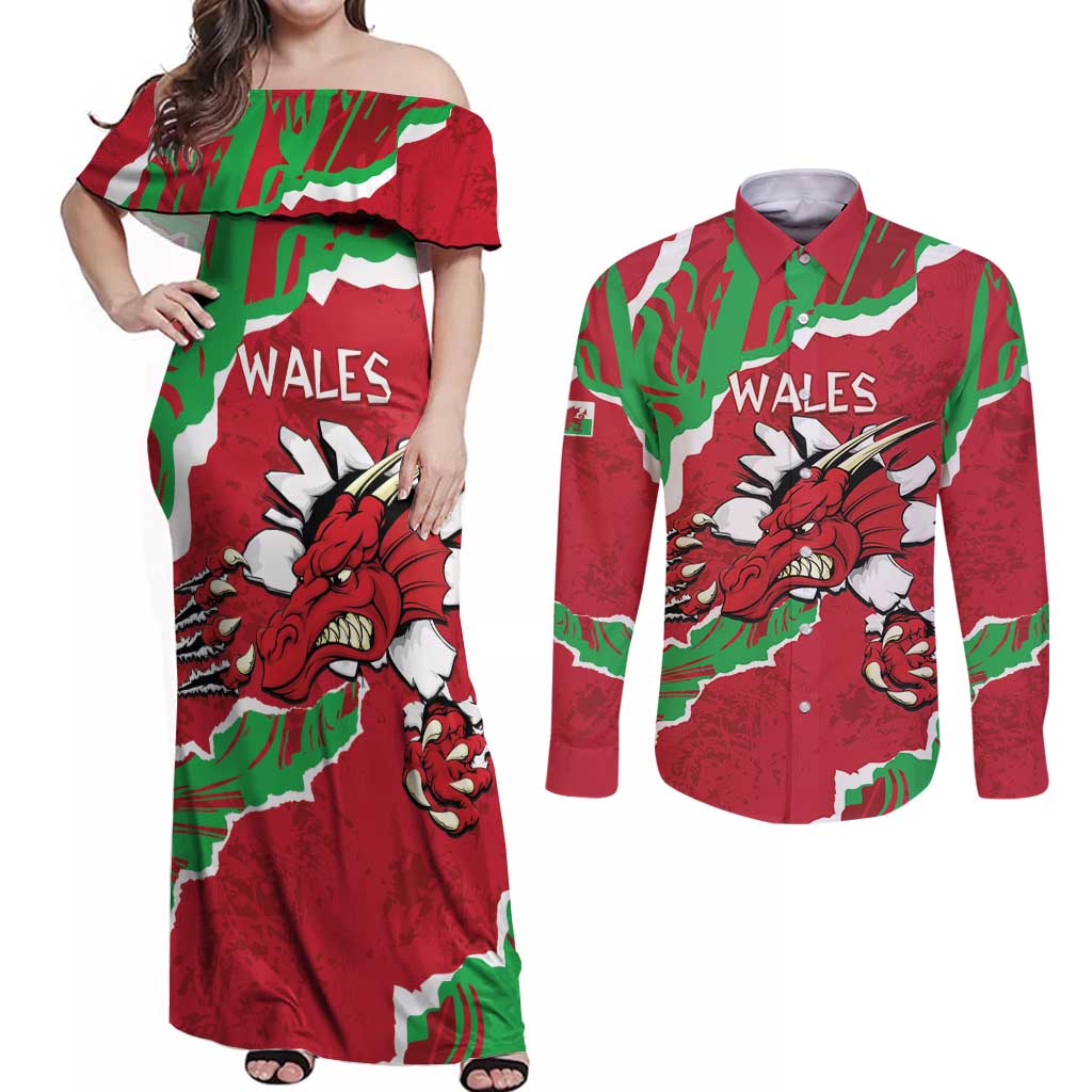 Personalised Wales Couples Matching Off Shoulder Maxi Dress and Long Sleeve Button Shirt Welsh Dragon - Wonder Print Shop