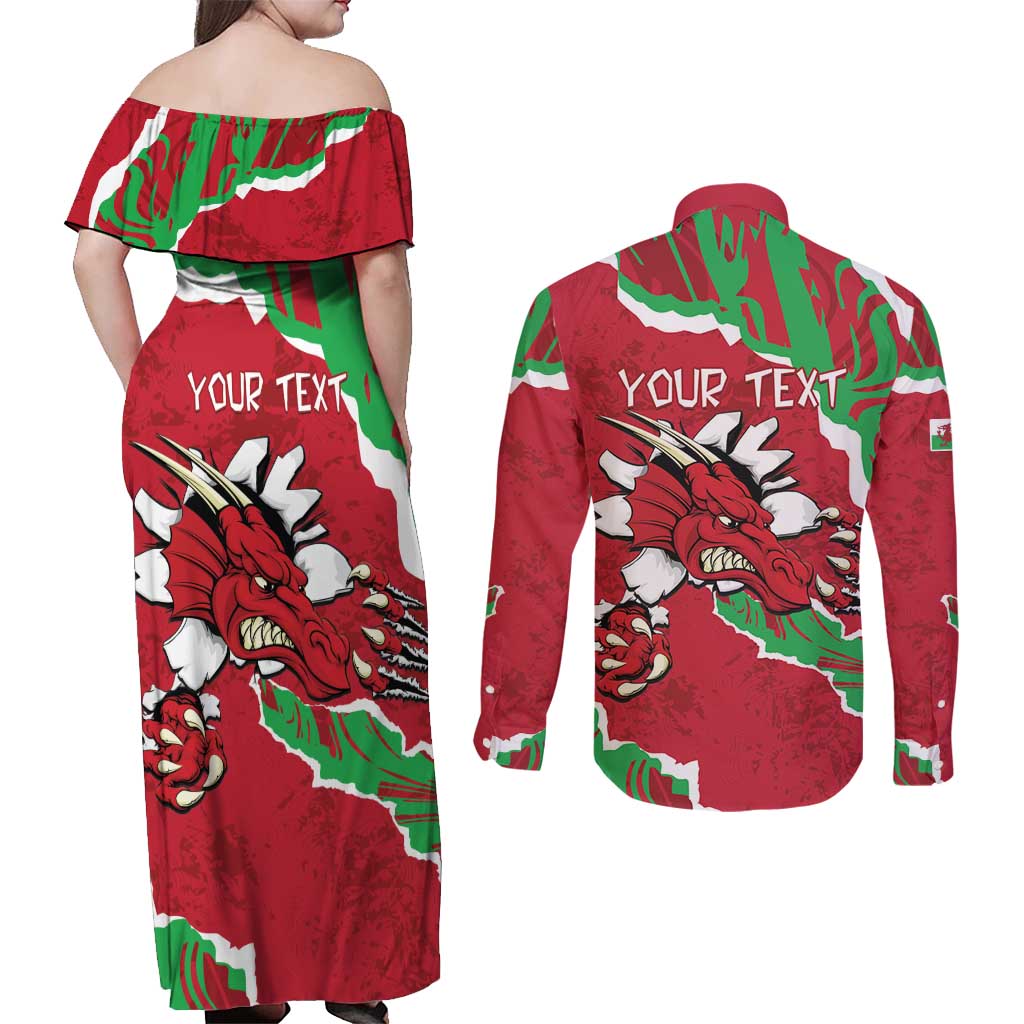 Personalised Wales Couples Matching Off Shoulder Maxi Dress and Long Sleeve Button Shirt Welsh Dragon - Wonder Print Shop