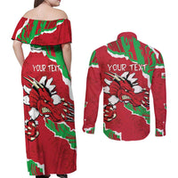 Personalised Wales Couples Matching Off Shoulder Maxi Dress and Long Sleeve Button Shirt Welsh Dragon - Wonder Print Shop
