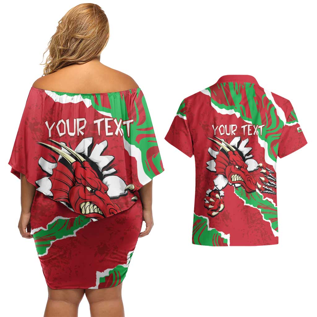 Personalised Wales Couples Matching Off Shoulder Short Dress and Hawaiian Shirt Welsh Dragon - Wonder Print Shop