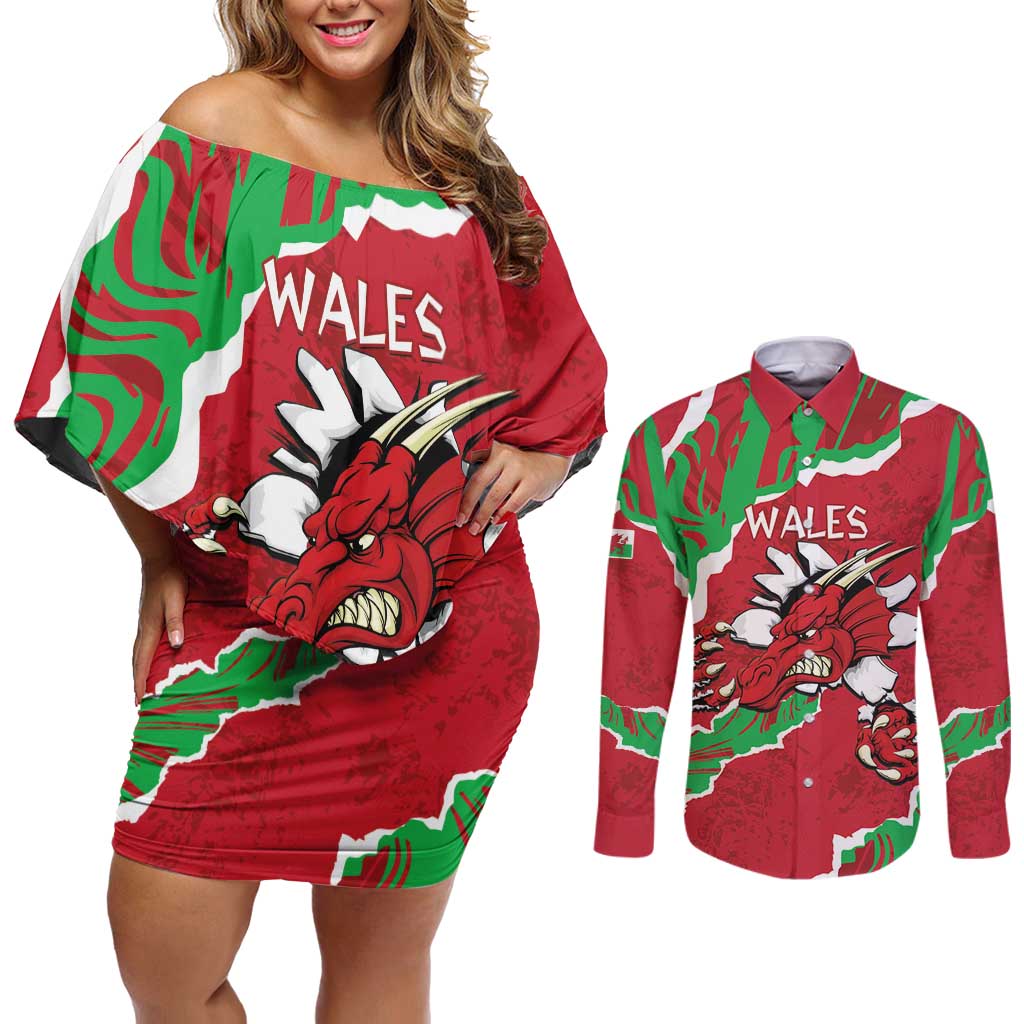 Personalised Wales Couples Matching Off Shoulder Short Dress and Long Sleeve Button Shirt Welsh Dragon - Wonder Print Shop