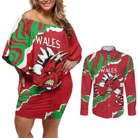 Personalised Wales Couples Matching Off Shoulder Short Dress and Long Sleeve Button Shirt Welsh Dragon - Wonder Print Shop