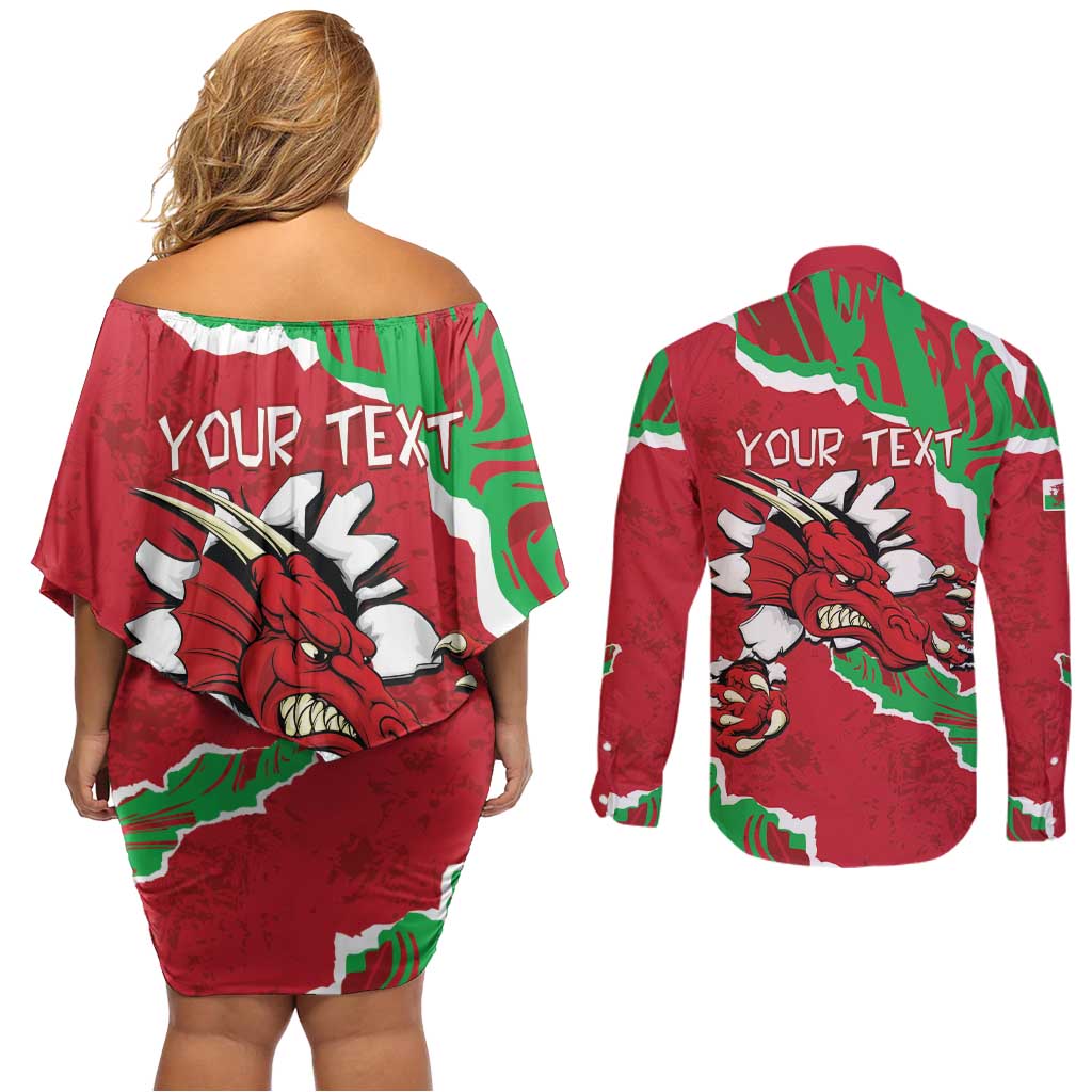 Personalised Wales Couples Matching Off Shoulder Short Dress and Long Sleeve Button Shirt Welsh Dragon - Wonder Print Shop
