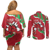 Personalised Wales Couples Matching Off Shoulder Short Dress and Long Sleeve Button Shirt Welsh Dragon - Wonder Print Shop