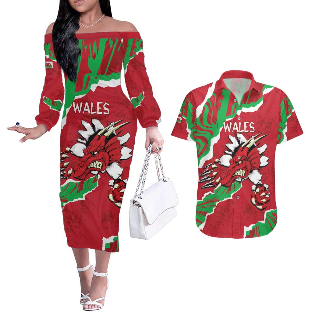 Personalised Wales Couples Matching Off The Shoulder Long Sleeve Dress and Hawaiian Shirt Welsh Dragon - Wonder Print Shop