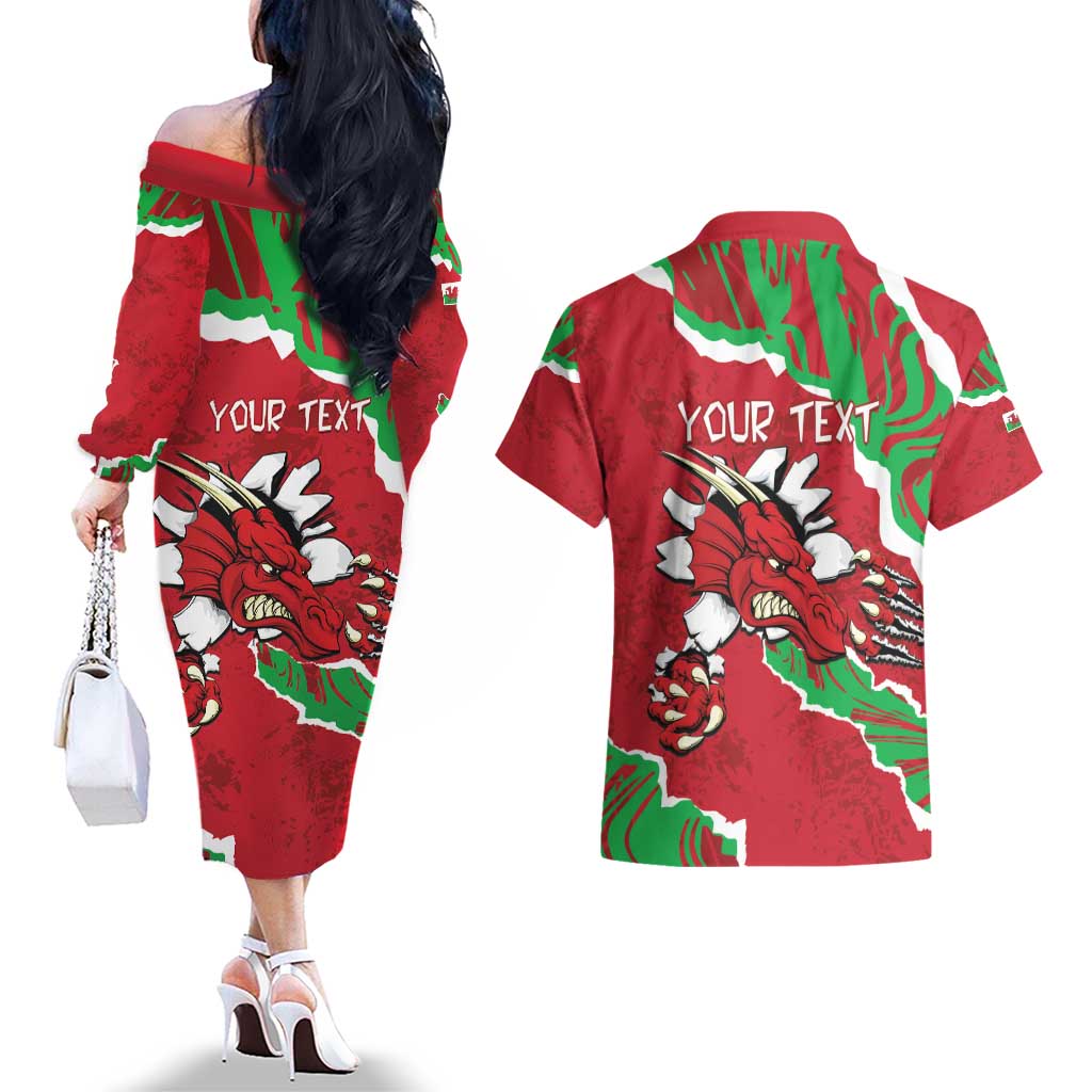 Personalised Wales Couples Matching Off The Shoulder Long Sleeve Dress and Hawaiian Shirt Welsh Dragon - Wonder Print Shop