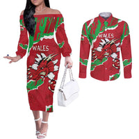 Personalised Wales Couples Matching Off The Shoulder Long Sleeve Dress and Long Sleeve Button Shirt Welsh Dragon
