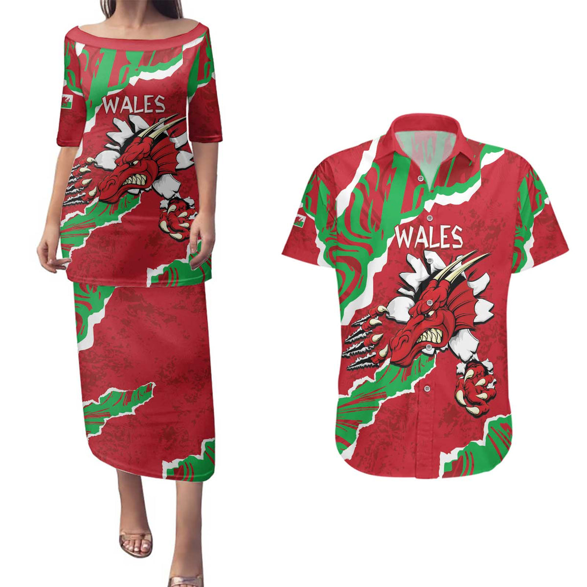 Personalised Wales Couples Matching Puletasi and Hawaiian Shirt Welsh Dragon - Wonder Print Shop