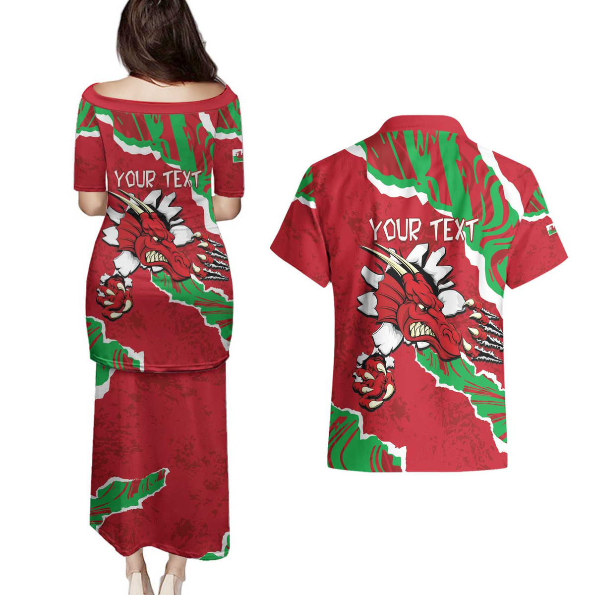 Personalised Wales Couples Matching Puletasi and Hawaiian Shirt Welsh Dragon - Wonder Print Shop