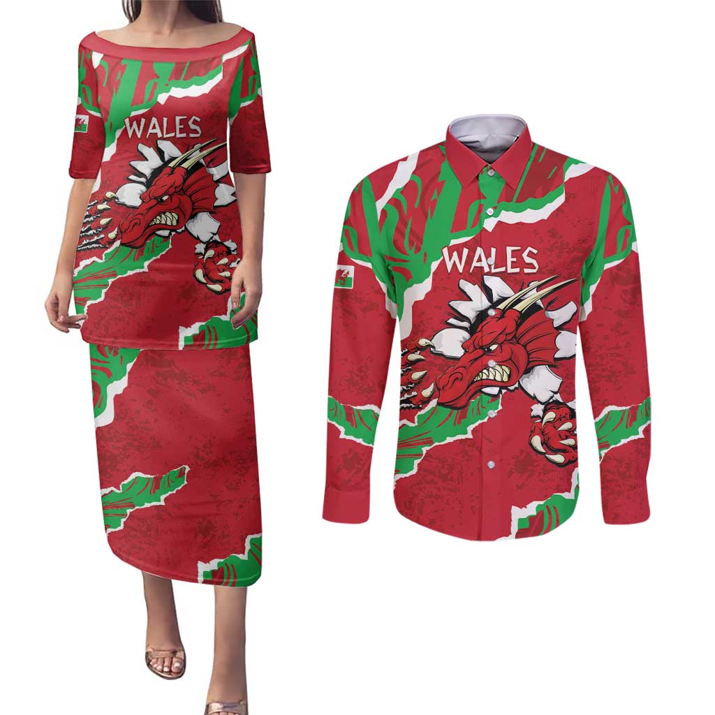 Personalised Wales Couples Matching Puletasi and Long Sleeve Button Shirt Welsh Dragon - Wonder Print Shop