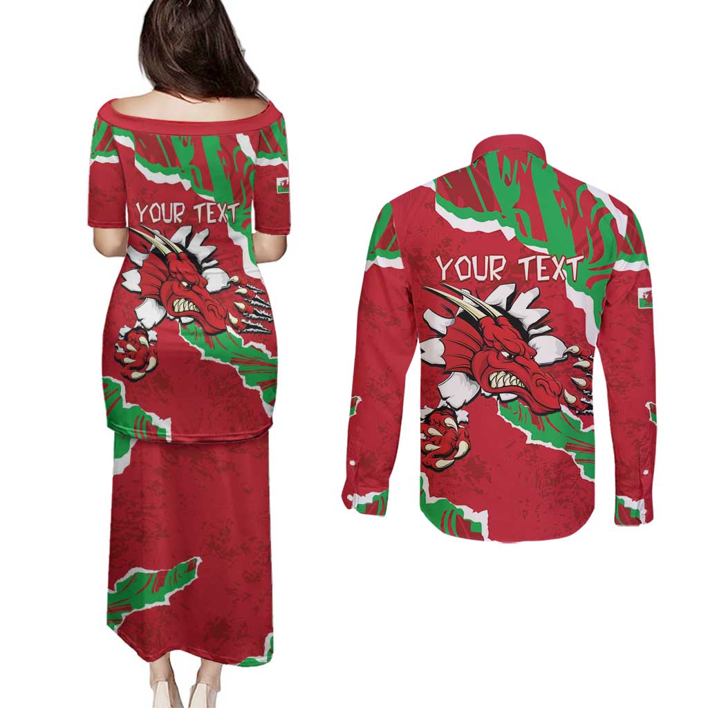 Personalised Wales Couples Matching Puletasi and Long Sleeve Button Shirt Welsh Dragon - Wonder Print Shop