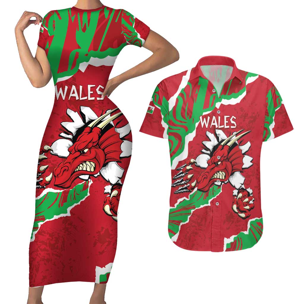 Personalised Wales Couples Matching Short Sleeve Bodycon Dress and Hawaiian Shirt Welsh Dragon - Wonder Print Shop
