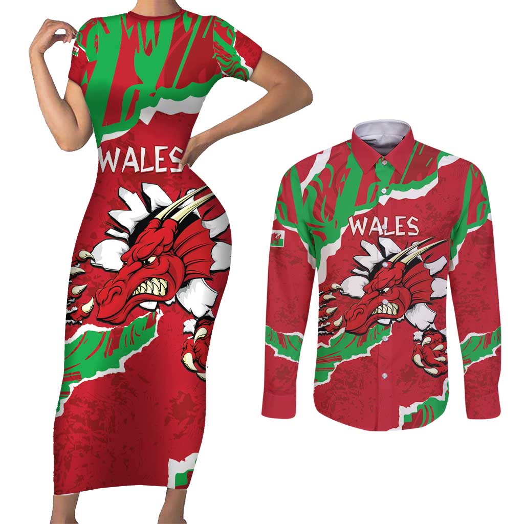 Personalised Wales Couples Matching Short Sleeve Bodycon Dress and Long Sleeve Button Shirt Welsh Dragon - Wonder Print Shop