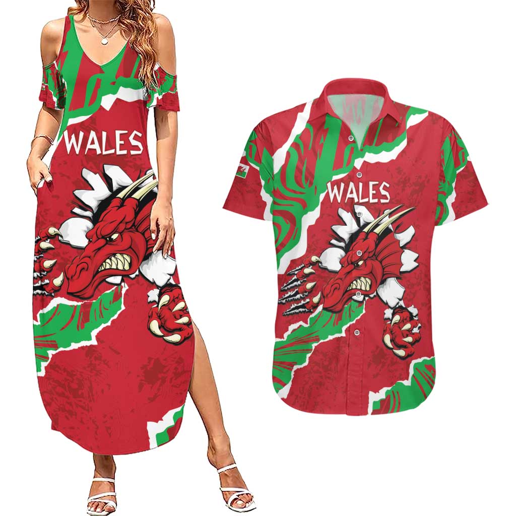 Personalised Wales Couples Matching Summer Maxi Dress and Hawaiian Shirt Welsh Dragon - Wonder Print Shop
