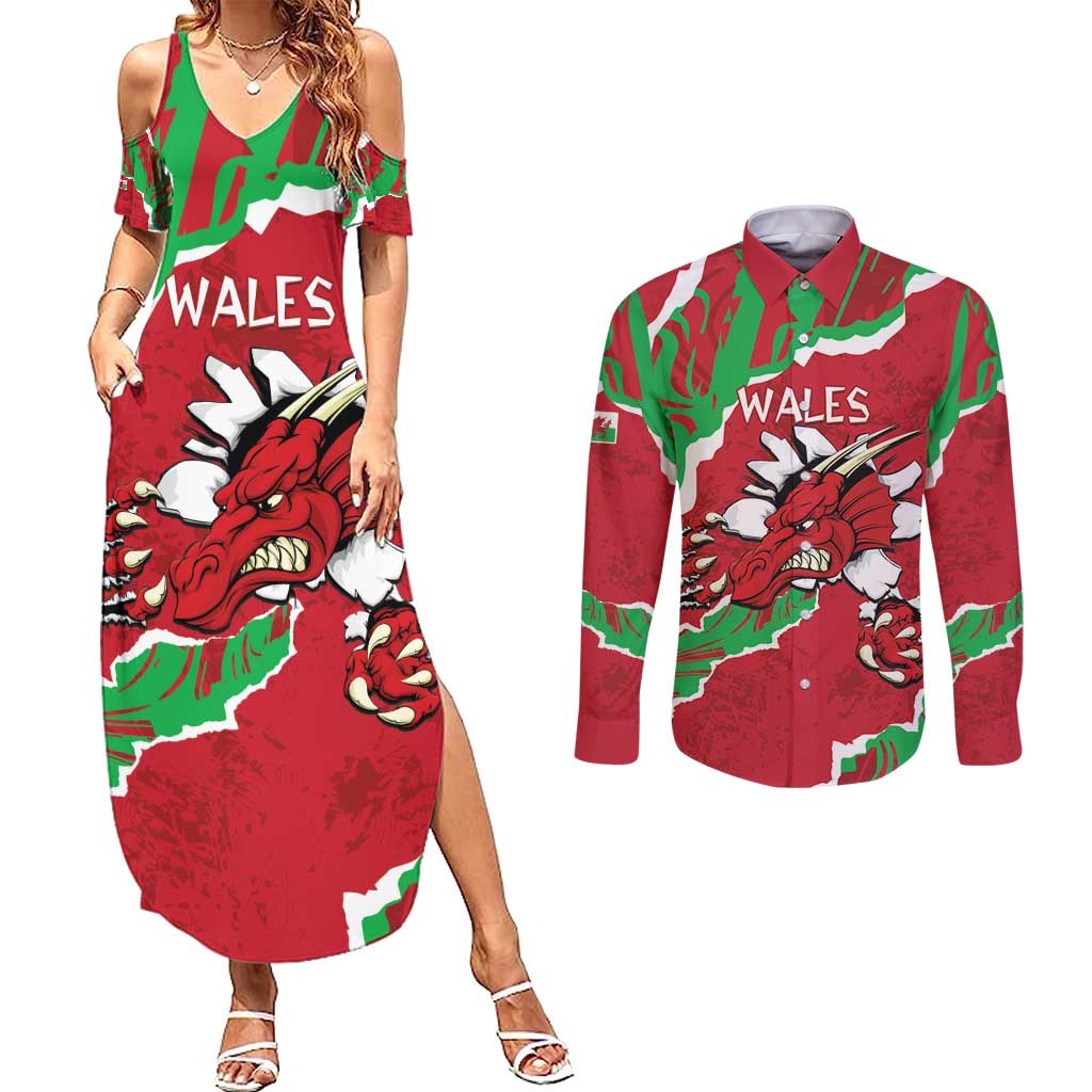 Personalised Wales Couples Matching Summer Maxi Dress and Long Sleeve Button Shirt Welsh Dragon - Wonder Print Shop