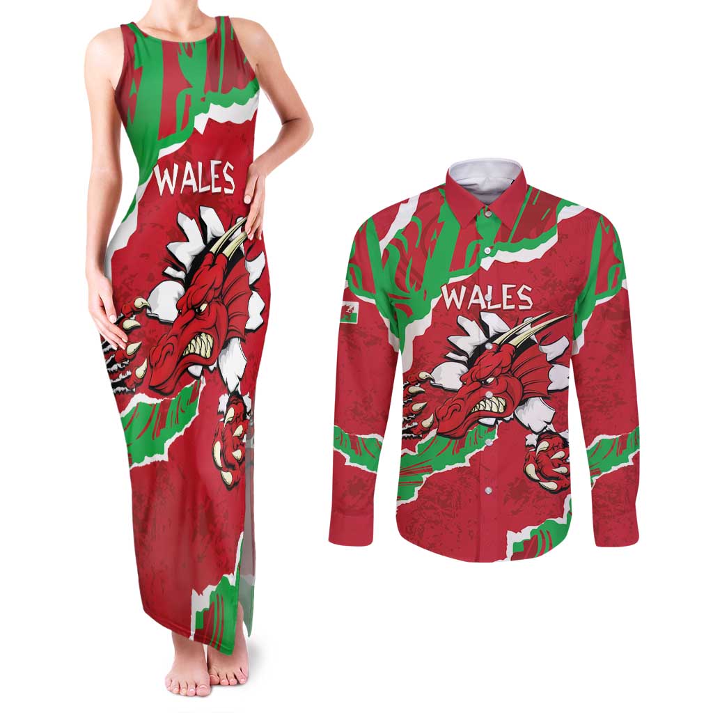 Personalised Wales Couples Matching Tank Maxi Dress and Long Sleeve Button Shirt Welsh Dragon - Wonder Print Shop