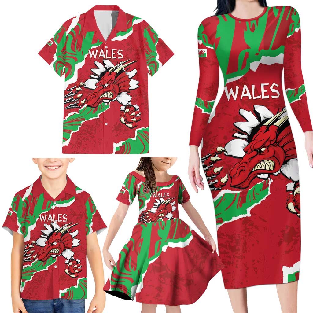 Personalised Wales Family Matching Long Sleeve Bodycon Dress and Hawaiian Shirt Welsh Dragon - Wonder Print Shop