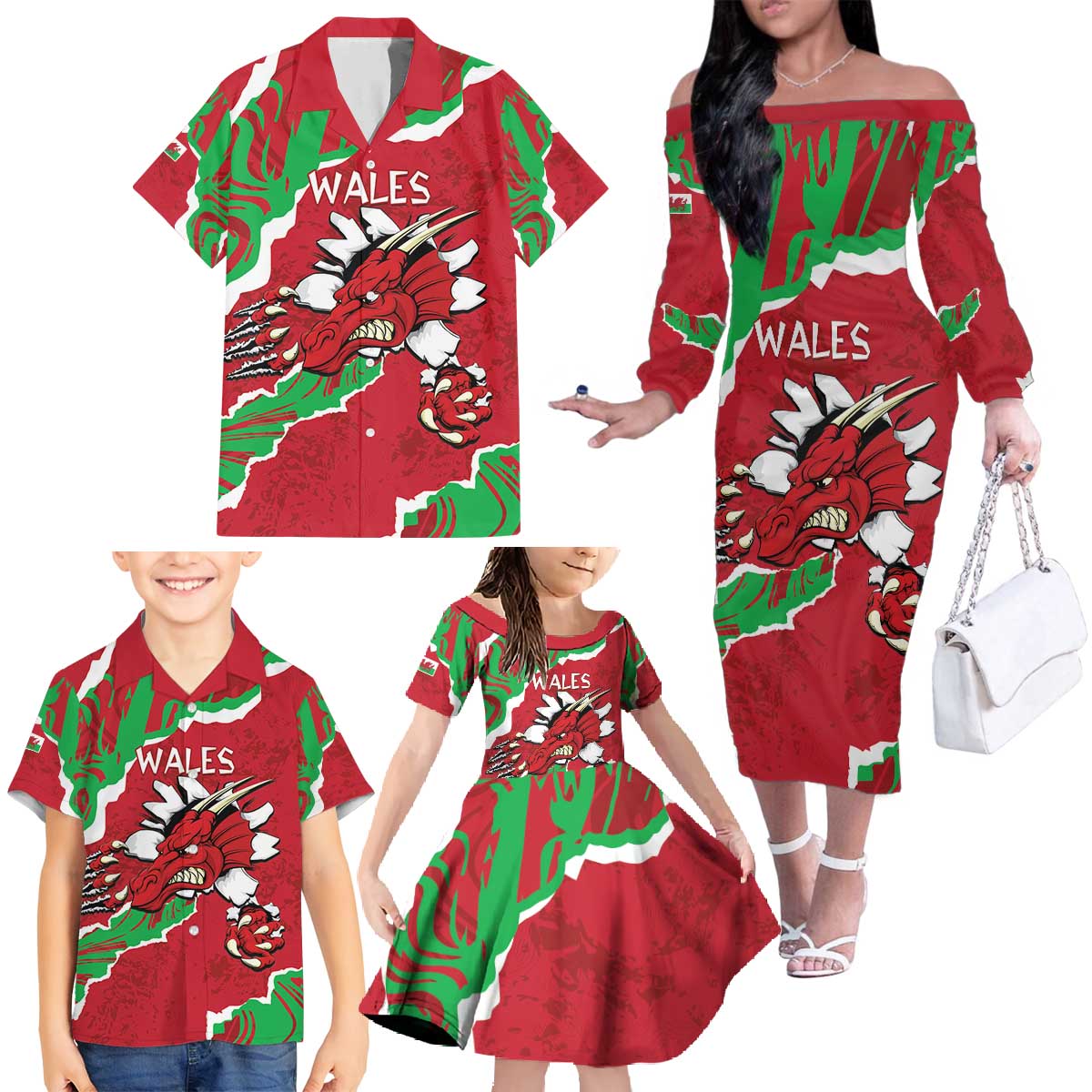 Personalised Wales Family Matching Off The Shoulder Long Sleeve Dress and Hawaiian Shirt Welsh Dragon - Wonder Print Shop