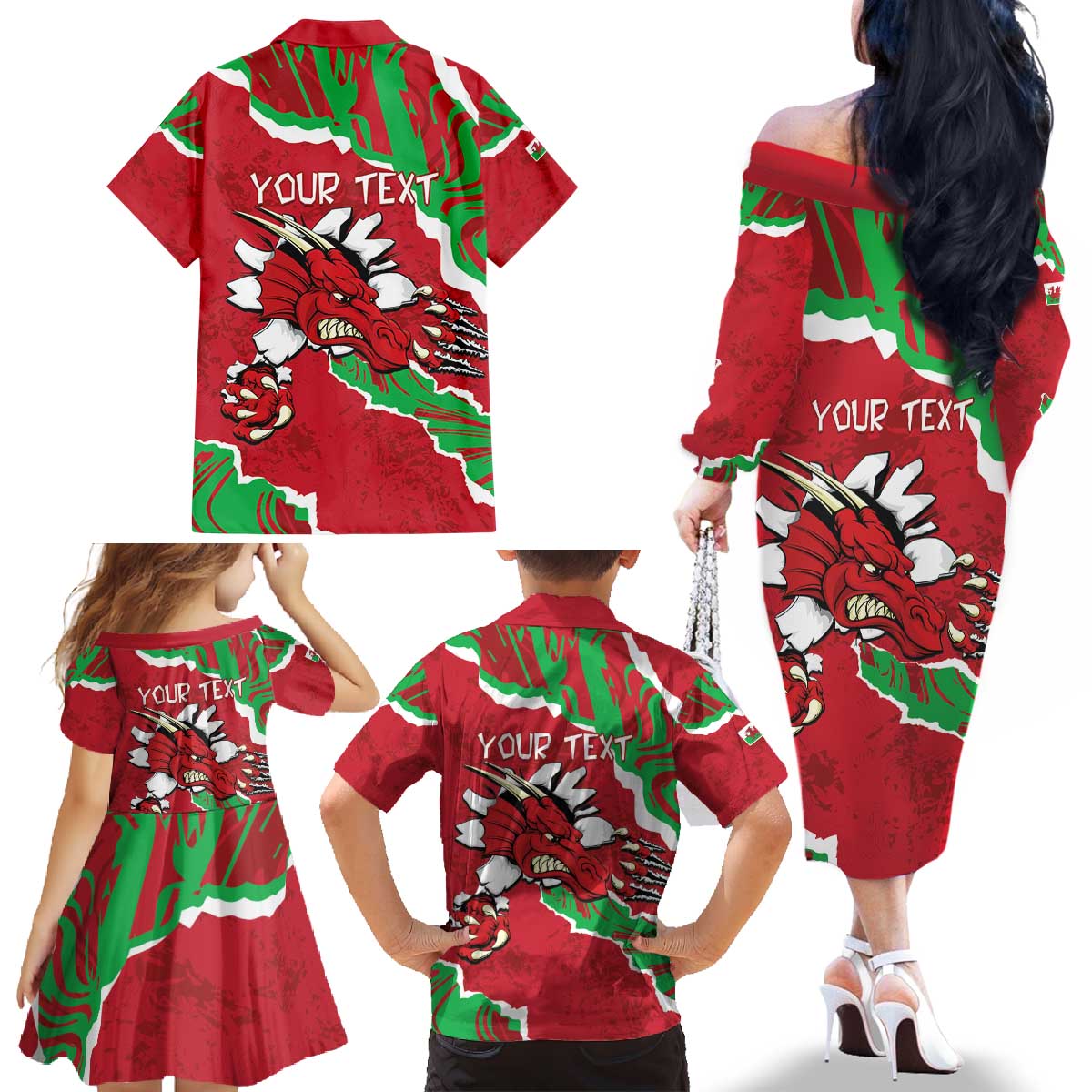 Personalised Wales Family Matching Off The Shoulder Long Sleeve Dress and Hawaiian Shirt Welsh Dragon - Wonder Print Shop