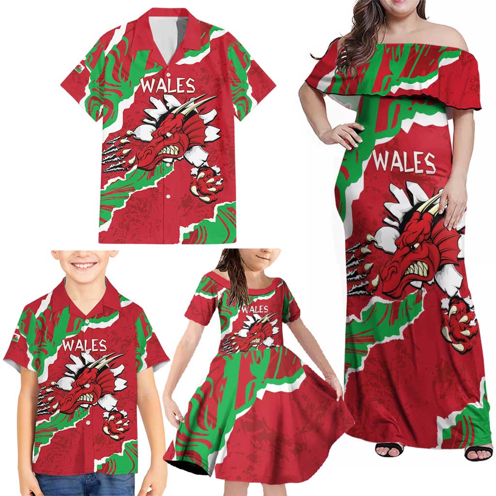 Personalised Wales Family Matching Off Shoulder Maxi Dress and Hawaiian Shirt Welsh Dragon - Wonder Print Shop