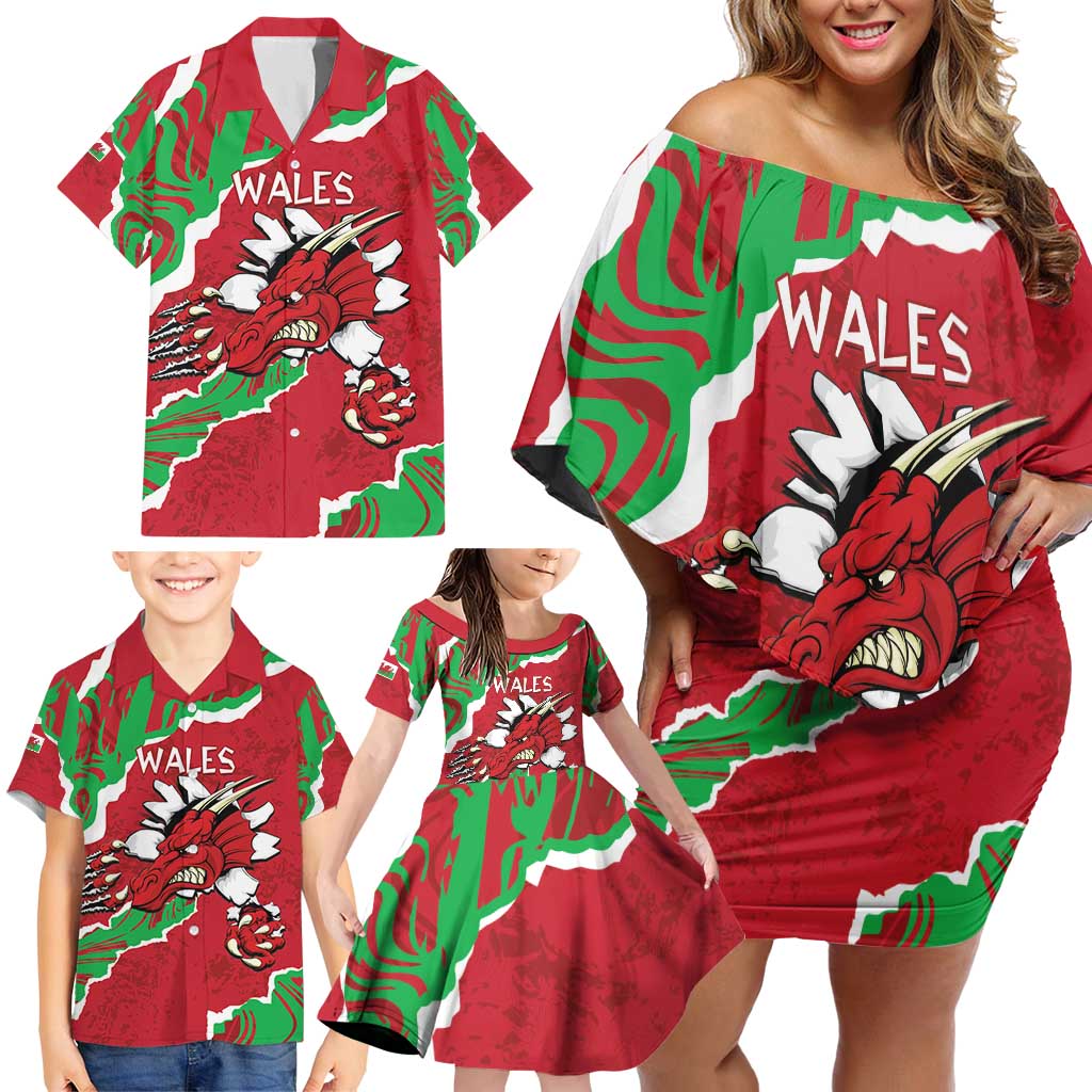 Personalised Wales Family Matching Off Shoulder Short Dress and Hawaiian Shirt Welsh Dragon - Wonder Print Shop