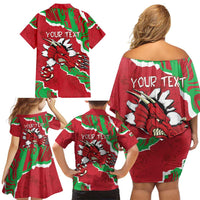 Personalised Wales Family Matching Off Shoulder Short Dress and Hawaiian Shirt Welsh Dragon - Wonder Print Shop