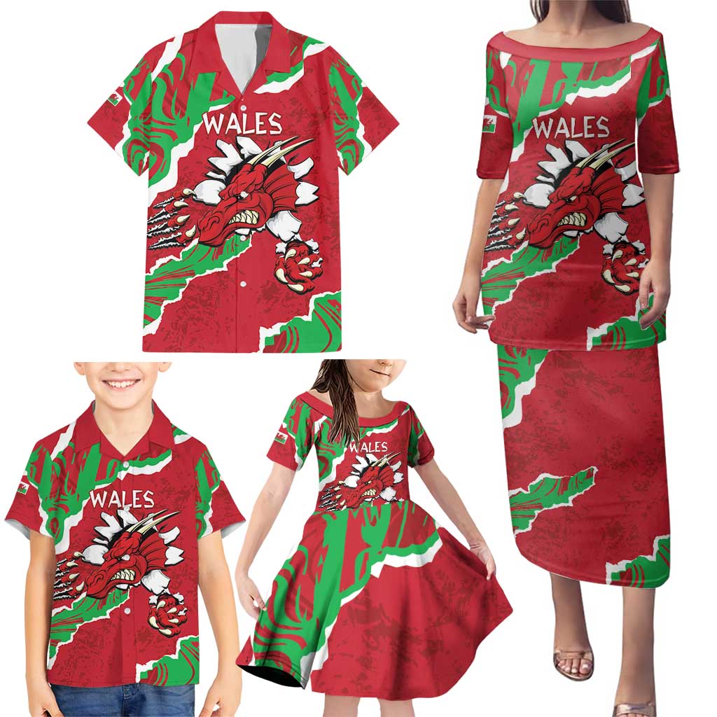 Personalised Wales Family Matching Puletasi and Hawaiian Shirt Welsh Dragon - Wonder Print Shop