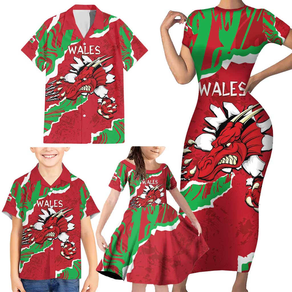 Personalised Wales Family Matching Short Sleeve Bodycon Dress and Hawaiian Shirt Welsh Dragon - Wonder Print Shop