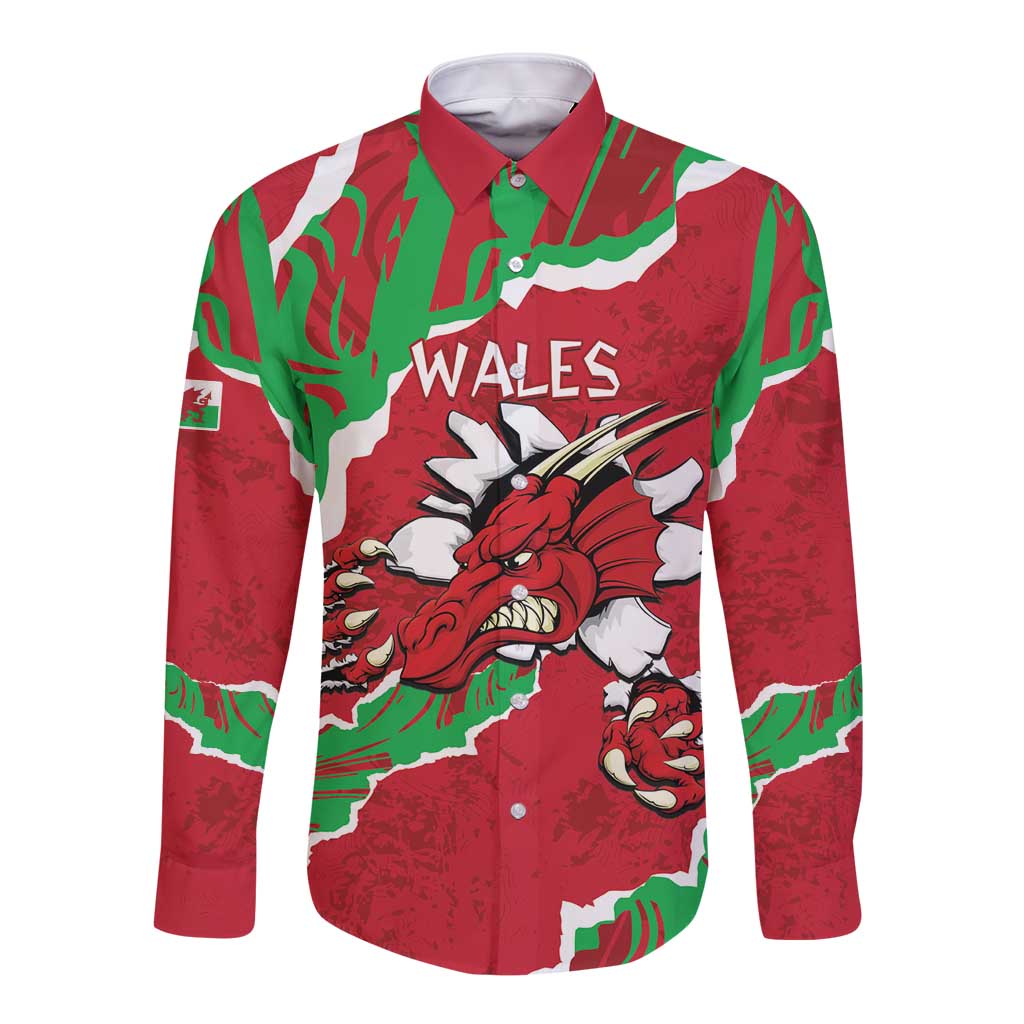 Personalised Wales Long Sleeve Button Shirt Welsh Dragon - Wonder Print Shop