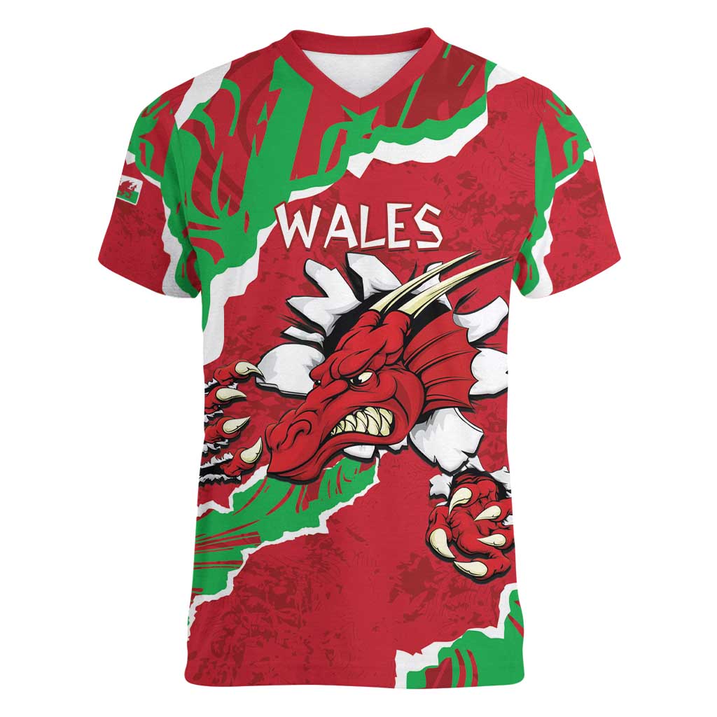 Personalised Wales Women V-Neck T-Shirt Welsh Dragon - Wonder Print Shop