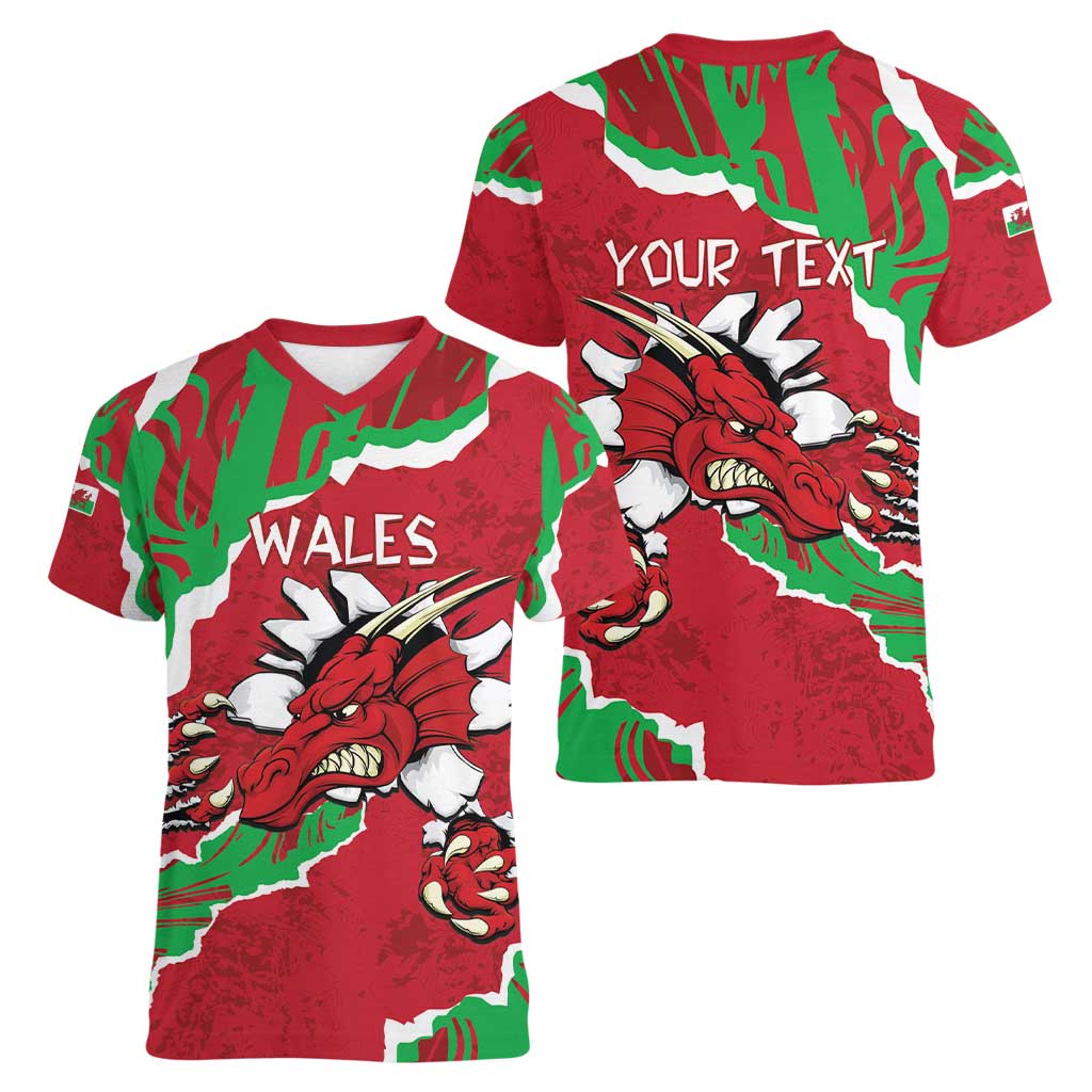Personalised Wales Women V-Neck T-Shirt Welsh Dragon - Wonder Print Shop