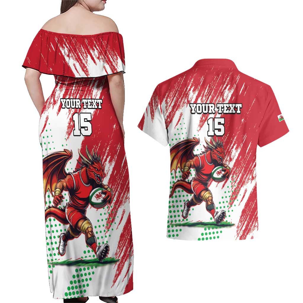 Wales Rugby Custom Couples Matching Off Shoulder Maxi Dress and Hawaiian Shirt Welsh Dragon Mascot - Wonder Print Shop