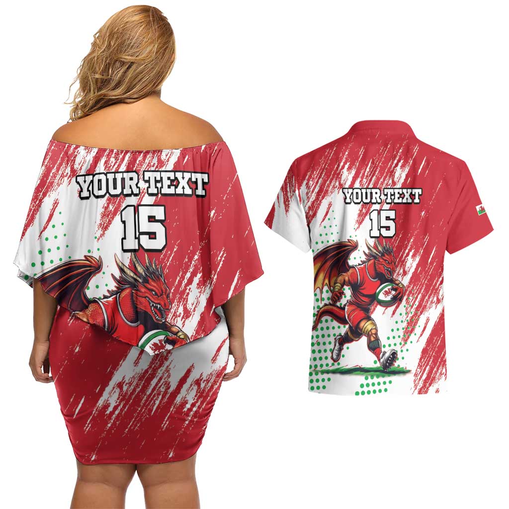 Wales Rugby Custom Couples Matching Off Shoulder Short Dress and Hawaiian Shirt Welsh Dragon Mascot - Wonder Print Shop