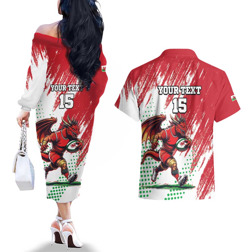 Wales Rugby Custom Couples Matching Off The Shoulder Long Sleeve Dress and Hawaiian Shirt Welsh Dragon Mascot - Wonder Print Shop