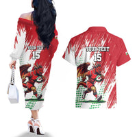 Wales Rugby Custom Couples Matching Off The Shoulder Long Sleeve Dress and Hawaiian Shirt Welsh Dragon Mascot - Wonder Print Shop