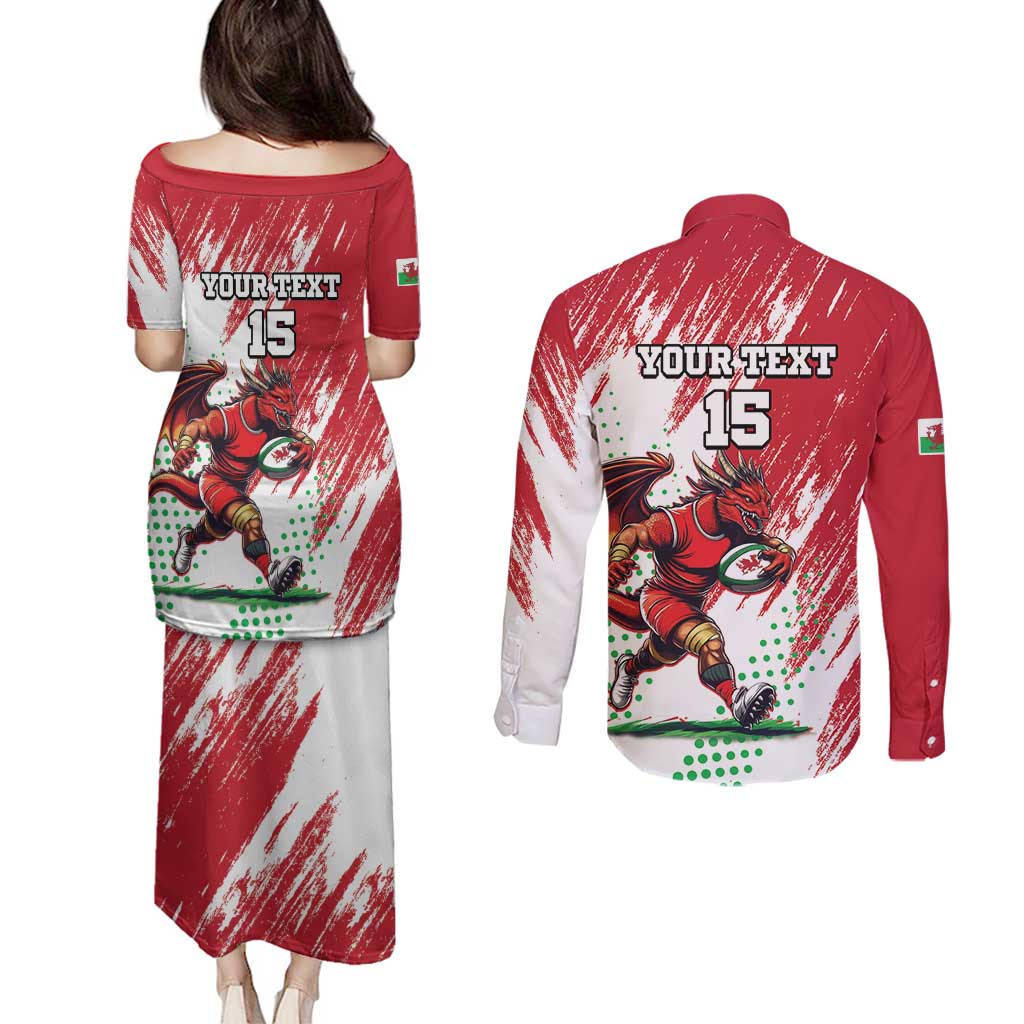 Wales Rugby Custom Couples Matching Puletasi and Long Sleeve Button Shirt Welsh Dragon Mascot - Wonder Print Shop