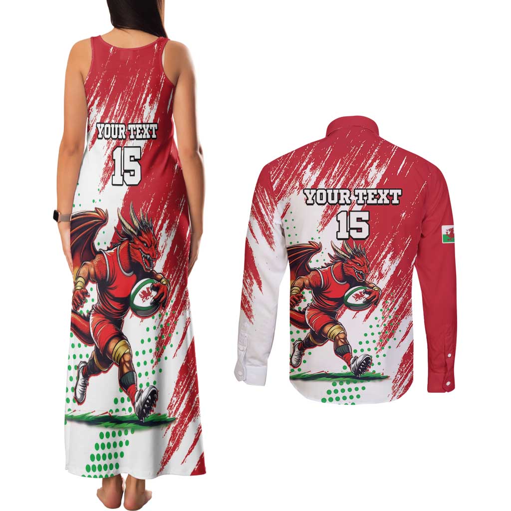 Wales Rugby Custom Couples Matching Tank Maxi Dress and Long Sleeve Button Shirt Welsh Dragon Mascot - Wonder Print Shop