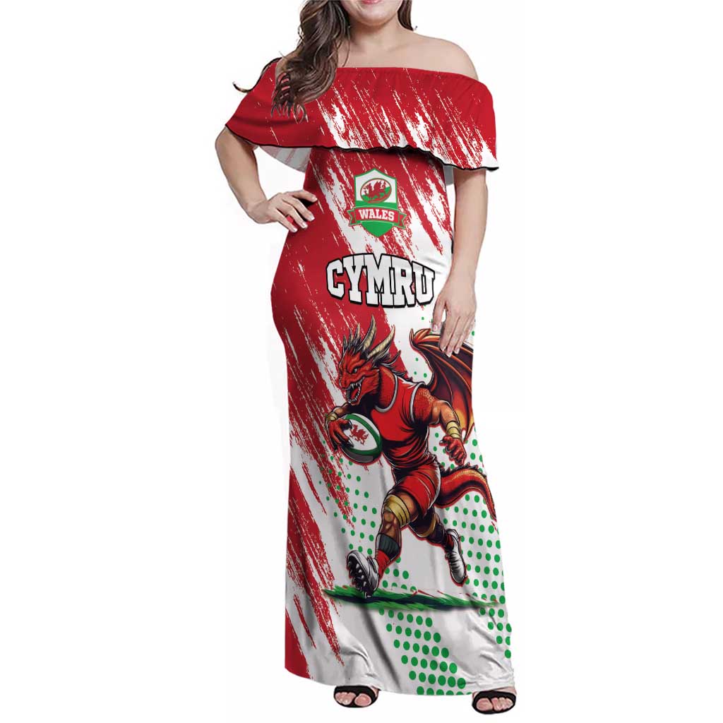 Wales Rugby Custom Family Matching Off Shoulder Maxi Dress and Hawaiian Shirt Welsh Dragon Mascot - Wonder Print Shop