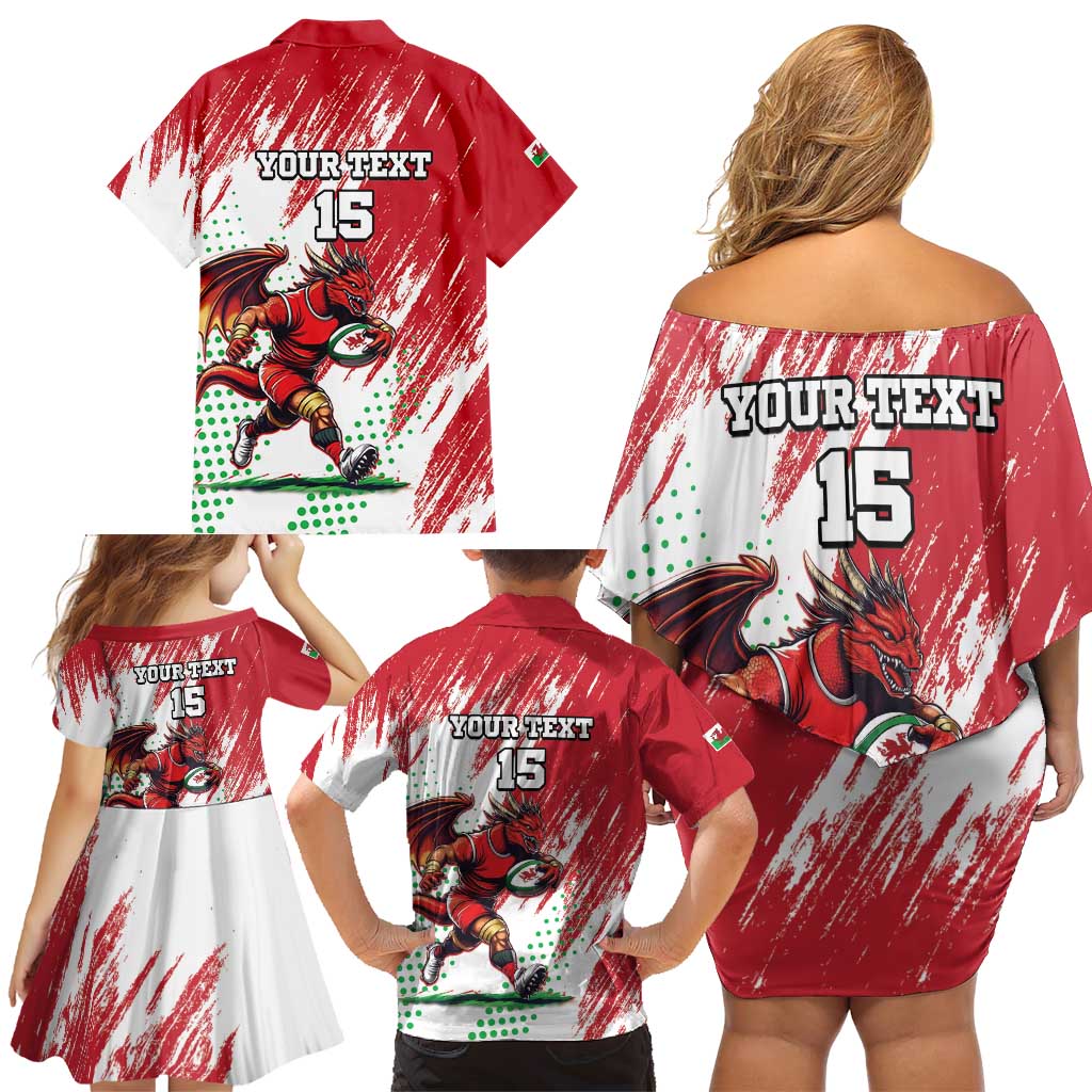 Wales Rugby Custom Family Matching Off Shoulder Short Dress and Hawaiian Shirt Welsh Dragon Mascot - Wonder Print Shop