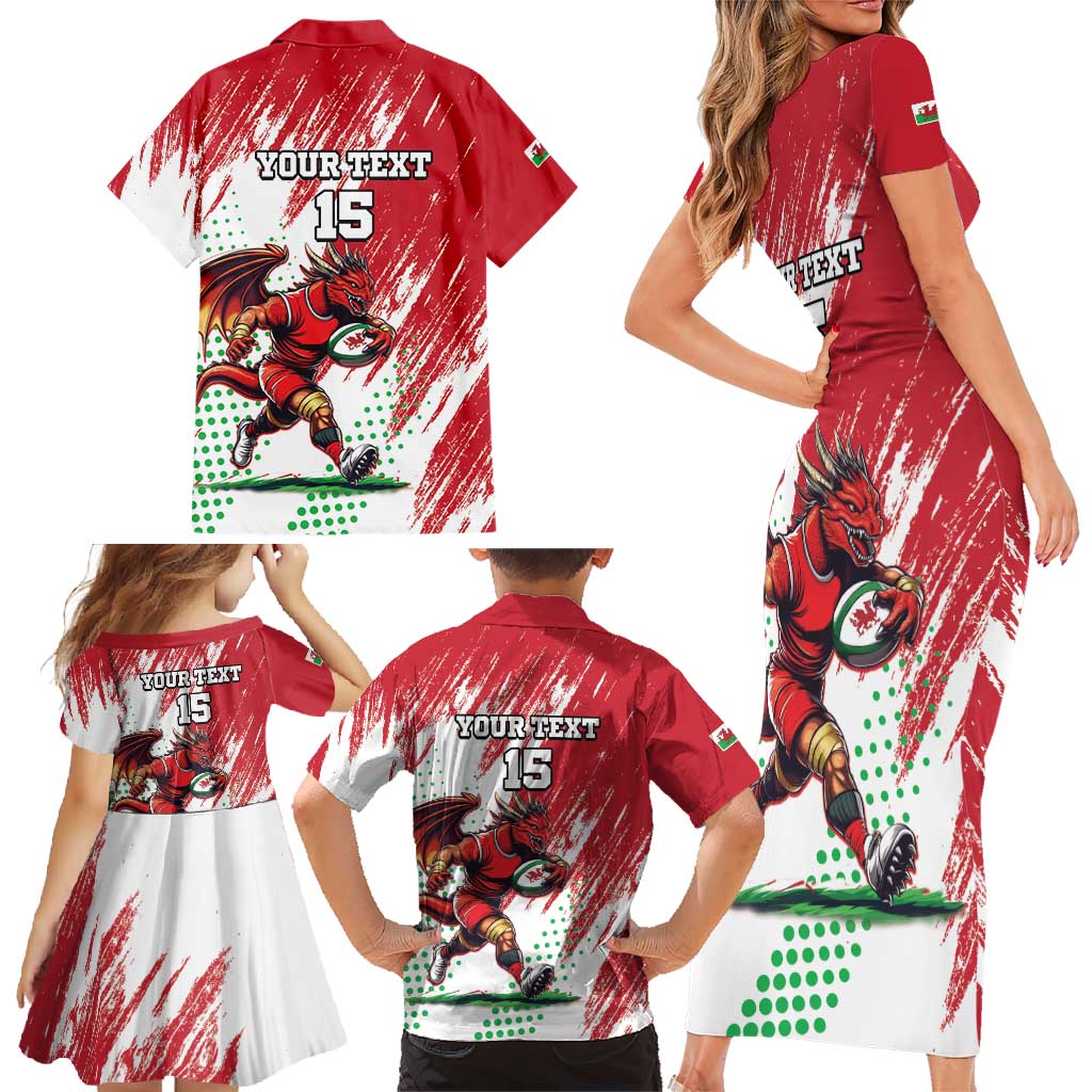 Wales Rugby Custom Family Matching Short Sleeve Bodycon Dress and Hawaiian Shirt Welsh Dragon Mascot - Wonder Print Shop