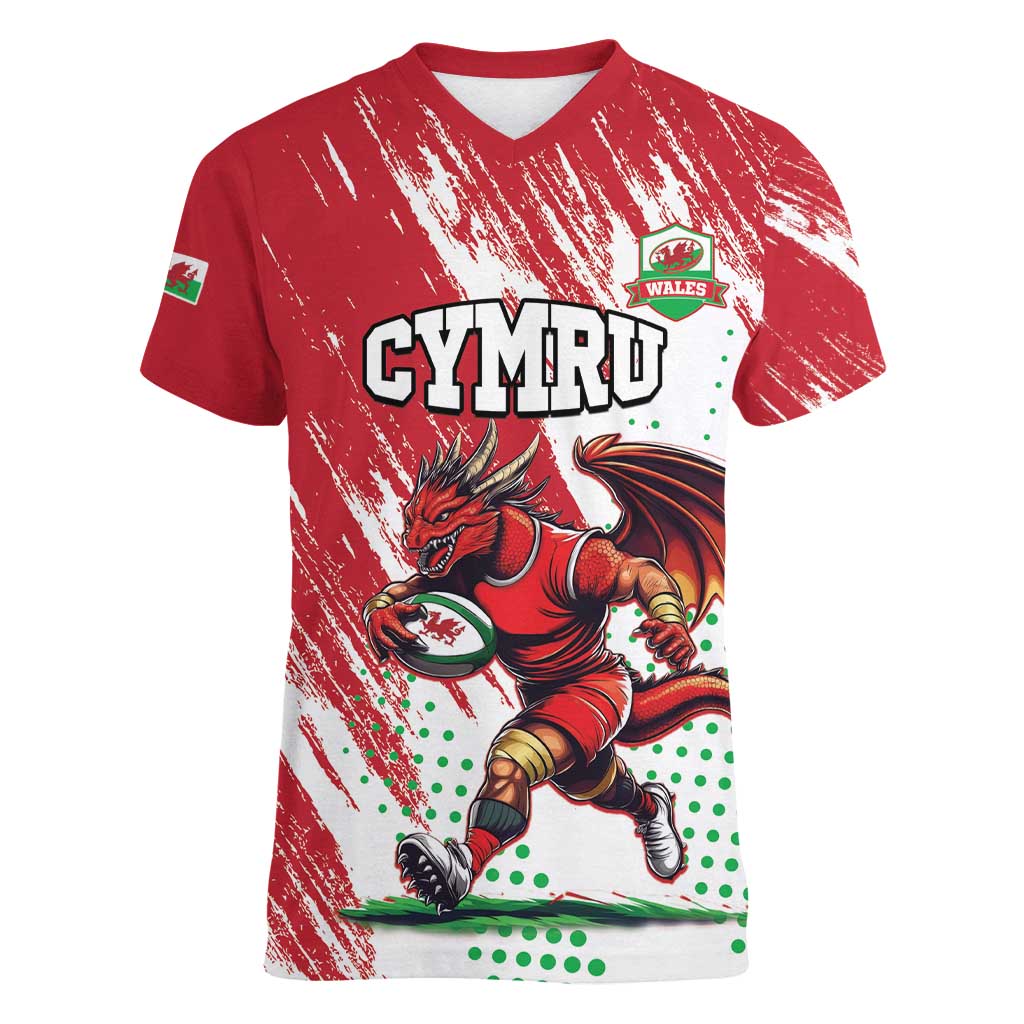 Wales Rugby Custom Women V-Neck T-Shirt Welsh Dragon Mascot - Wonder Print Shop
