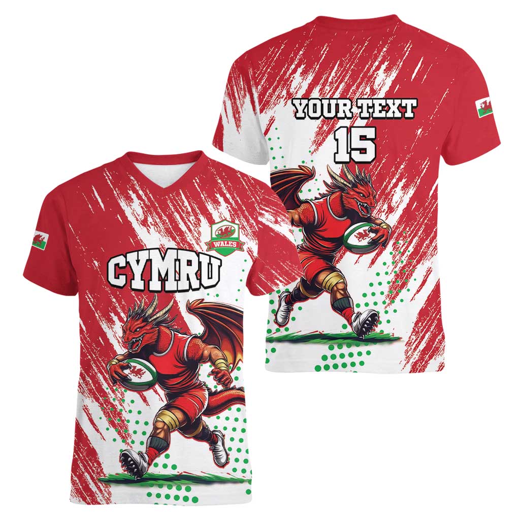 Wales Rugby Custom Women V-Neck T-Shirt Welsh Dragon Mascot - Wonder Print Shop